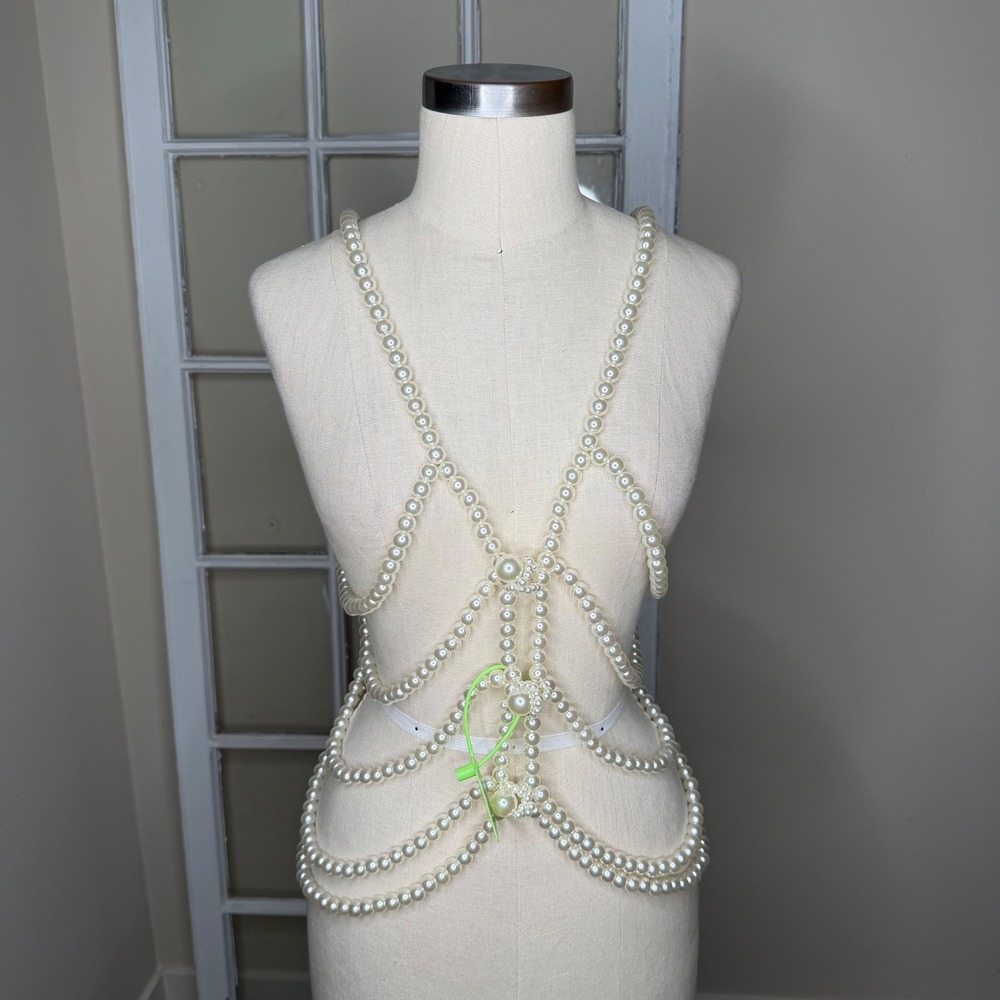 Unbranded Chucky Faux Pearl Body Chain Harness Cream Beaded Statement Top Vest
